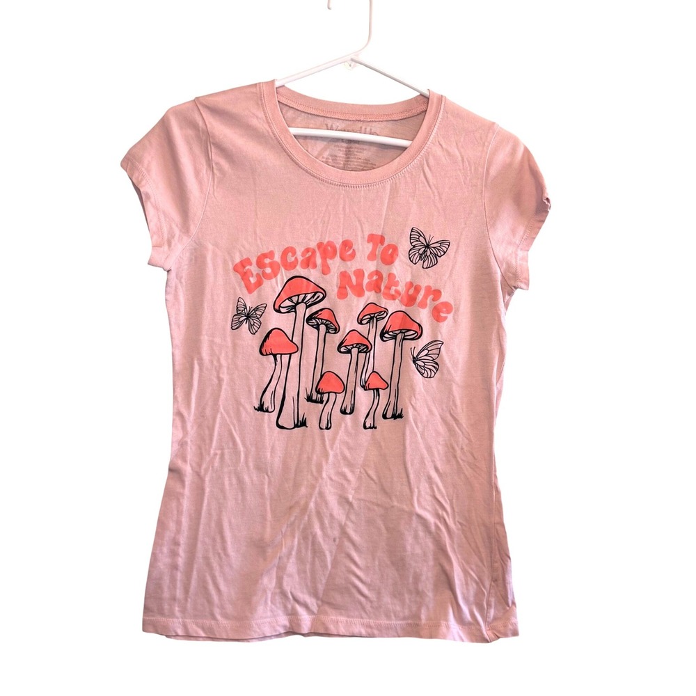 Wound Up Womens Escape Nature Mushroom Casual Crew Neck T-Shirt Pink Large